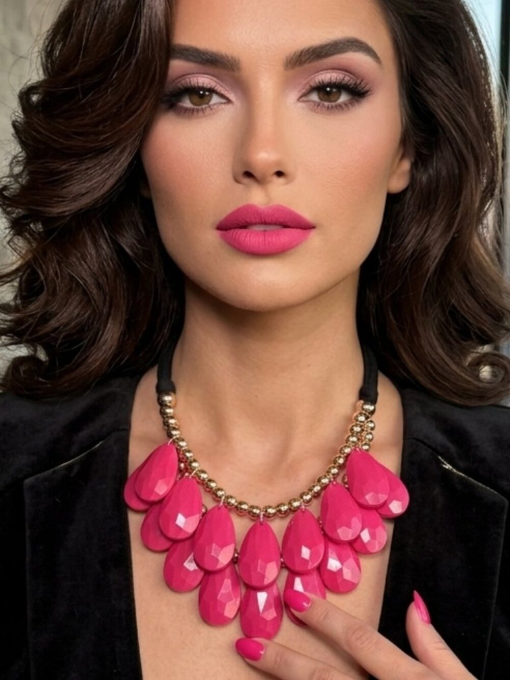 New! Statement Hot Pink Teardrop Bib Necklace